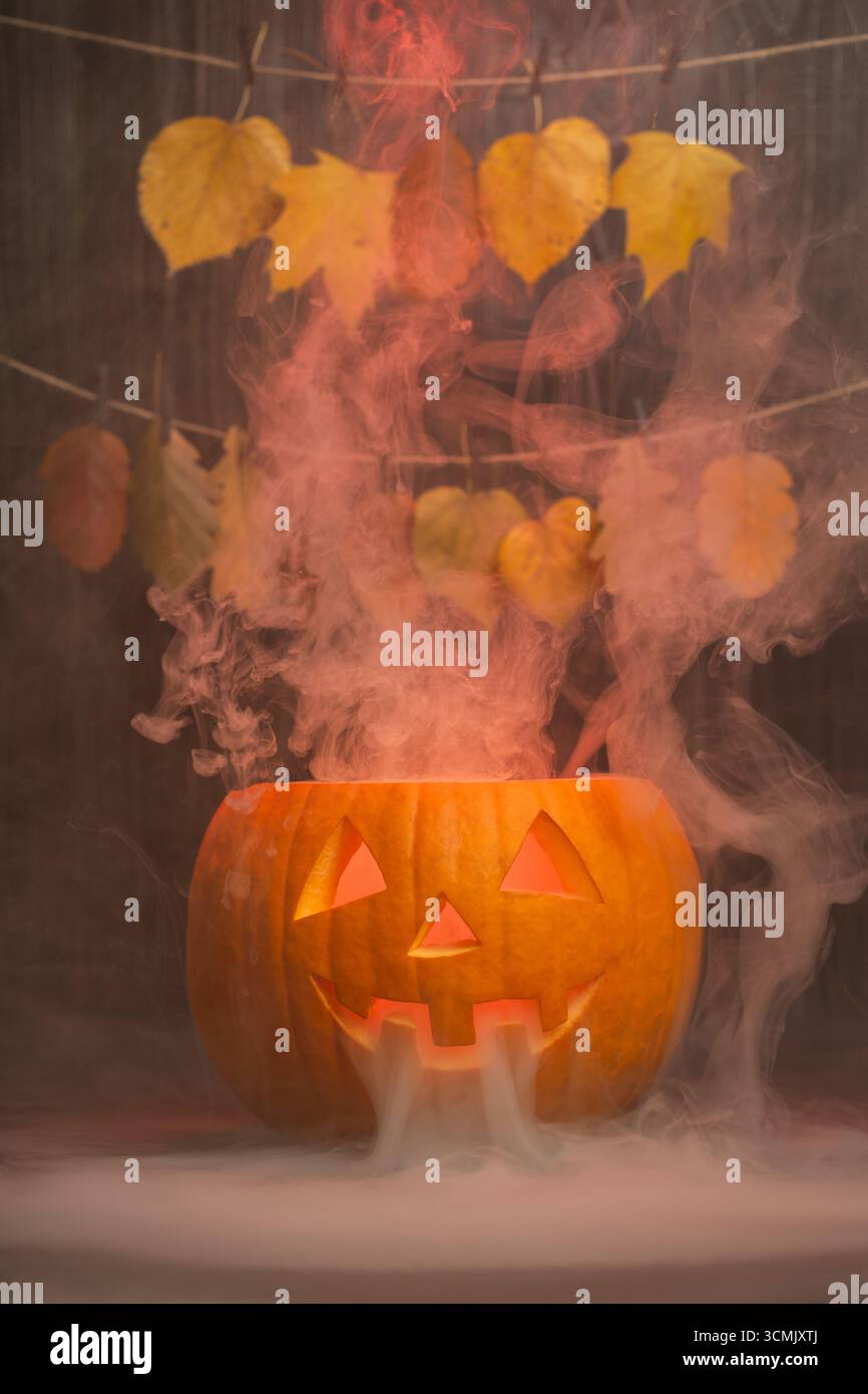 Geschnitzter Halloween-Kürbis gibt Rauch ab, umgeben von leuchtenden Herbstblättern, die über ihnen hängen, was das gruselige Ambiente für festliche Feiern unterstreicht Stockfoto