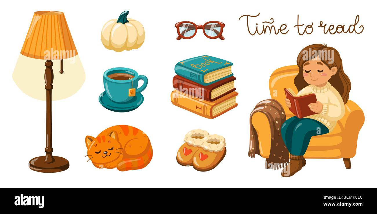 Zeichentrickvektor-Set mit Büchern, Lampe, Katze, Teetasse und gemütlichen Lesezubehör. Vektor-isolierte Illustration auf weißem Hintergrund. Stock Vektor