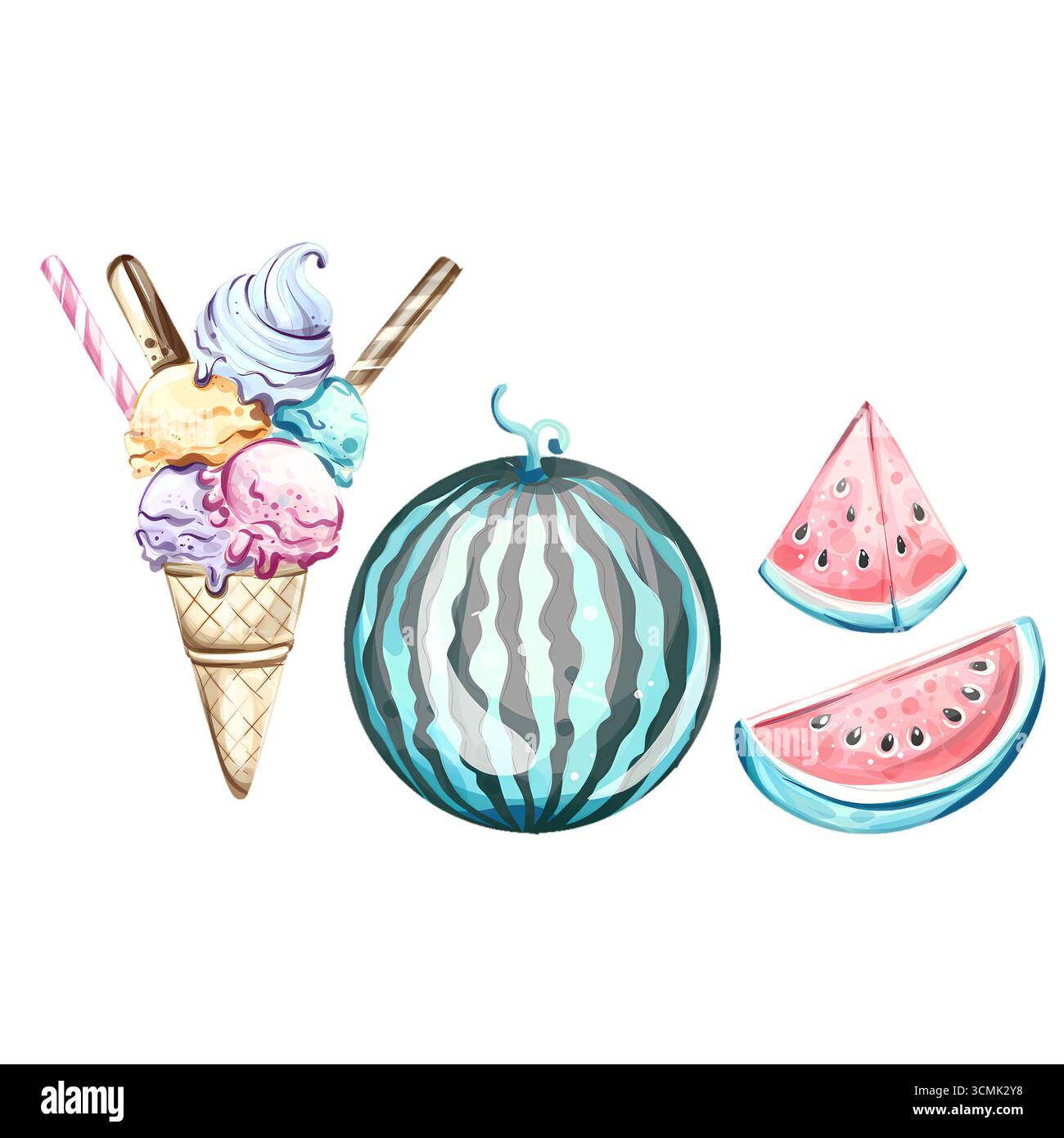 Festliche Sommerfreuden mit Eis, Wassermelone und Strandball, die bei einem sonnigen Urlaub am Meer Freude und Entspannung wecken Stockfoto