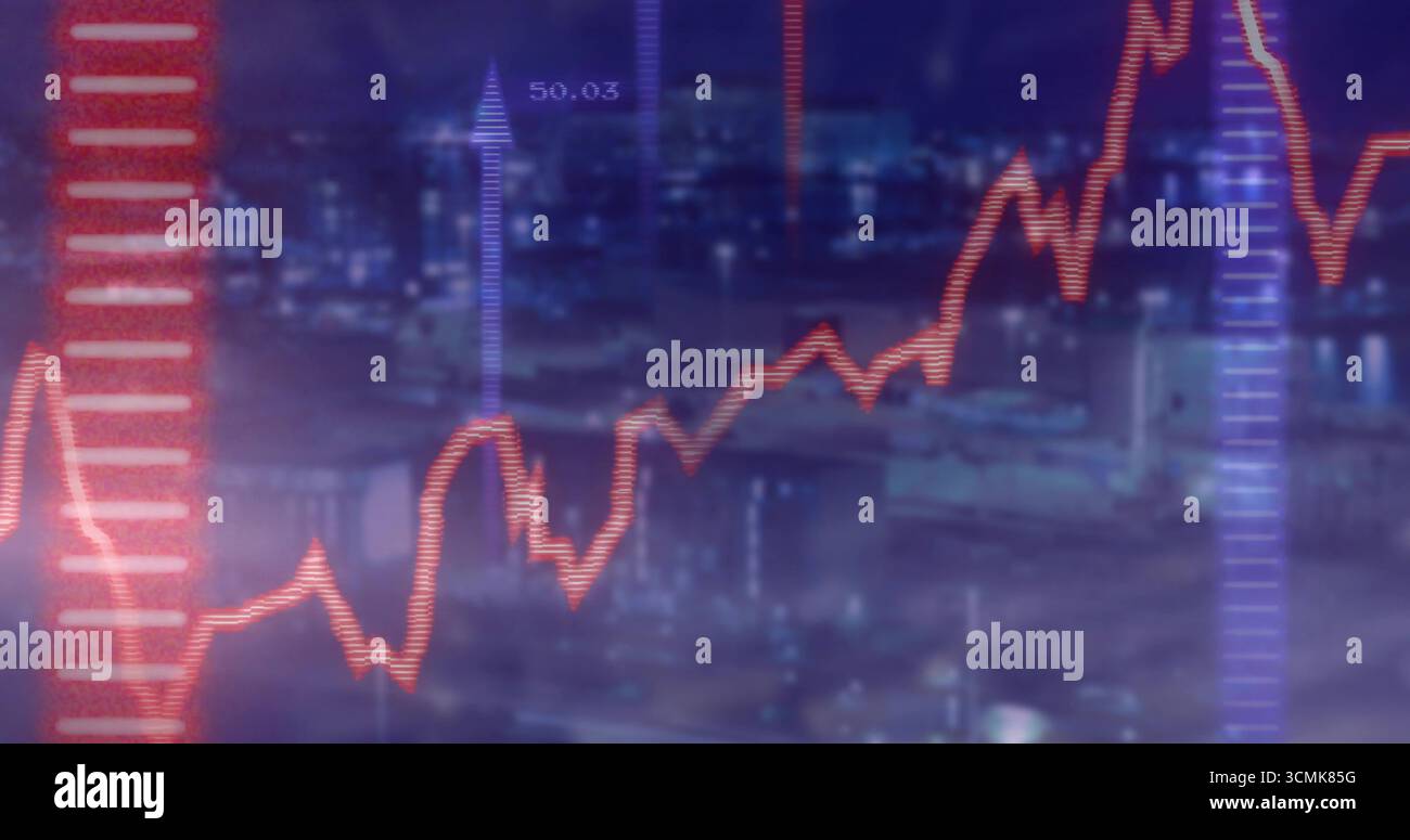 Überlagerung auf nächtlichen Reflexionen der Hafen-Skyline, rote Linie, lila Balken, Pfeil mit der Beschriftung 50 Stockfoto