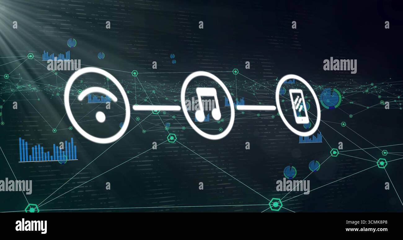 Drei weiße Symbole, die Musik streamen und das Smartphone im digitalen Display mit sechseckigen Knoten anzeigen Stockfoto