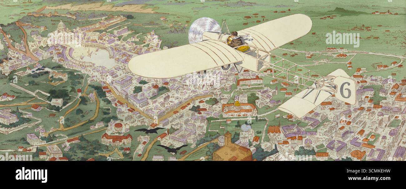 Paris-Rom-Flugrennen, 1911. Illustration von Marguerite Montaut: André Beaumont fliegt mit einem Blériot-Eindecker mit Gnome-Motor und Bosch-Magneto nach Rom. Stockfoto