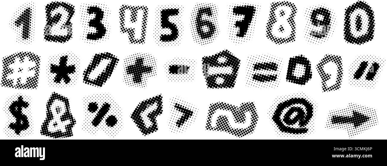 Schwarze Rasterzahlen und -Zeichen. Retro pixelige Satzzeichen und Zeichen. Comic-Symbole im Pop-Art-Stil. Grunge gerastert gepunktete Packung. Veraltete Bitmap-Zeitungen Typografie Set. Vektor Stock Vektor