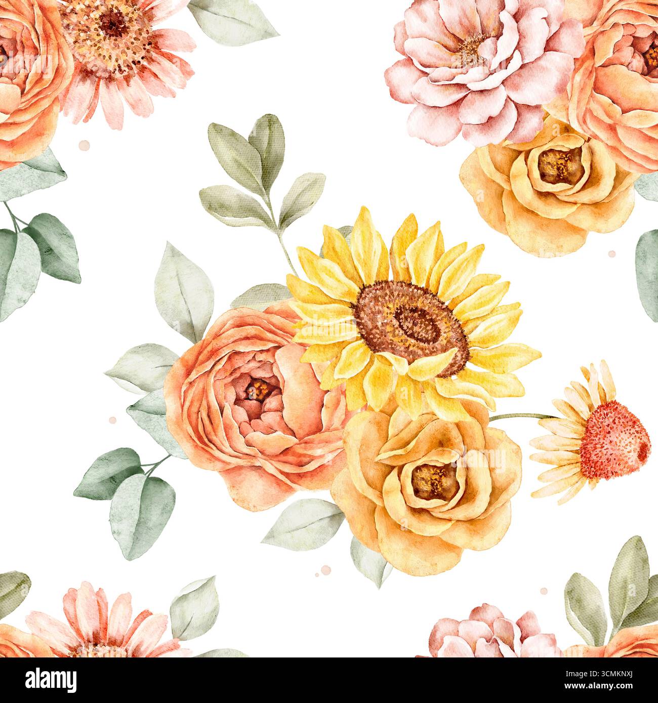 Nahtloses Blumenmuster in Aquarellfarben mit Sonnenblumen, Pfingstrosen, Rosen und Laub in warmen Herbsttönen. Perfekt für Stoff, Geschenkpapier oder saisonale Anwendungen Stockfoto
