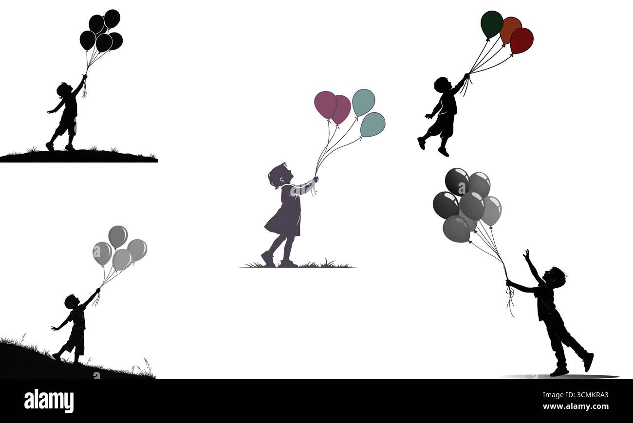 Silhouette von Kindern, die Ballons halten – Kinder, die die Vektor-Kollektion spielen, Junge mit Ballons Stock Vektor