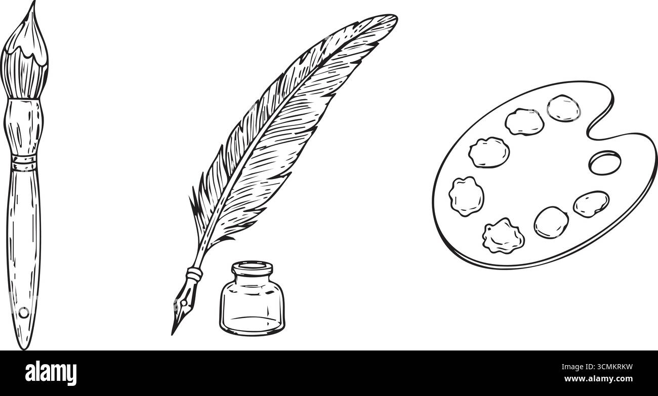 Eine schlichte schwarz-weiße Illustration kreativer Werkzeuge, die eine runde Palette mit Pinselfedern und Wells sowie eine kleine Tintenflasche für das Studio zeigt Stock Vektor