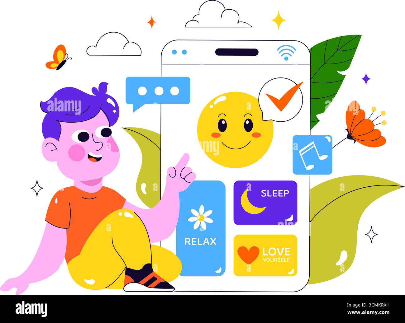 Mentale Wellness Meditation Apps Vektor-Illustration mit mobiler Software mit Yoga-Therapie für Angst und Entspannung in einem flachen Stil Hintergrund Stock Vektor
