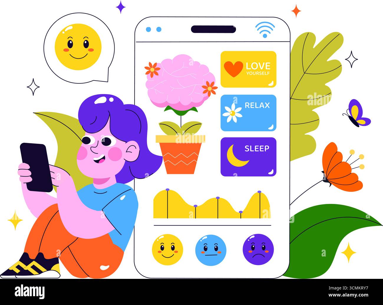 Mentale Wellness Meditation Apps Vektor-Illustration mit mobiler Software mit Yoga-Therapie für Angst und Entspannung in einem flachen Stil Hintergrund Stock Vektor