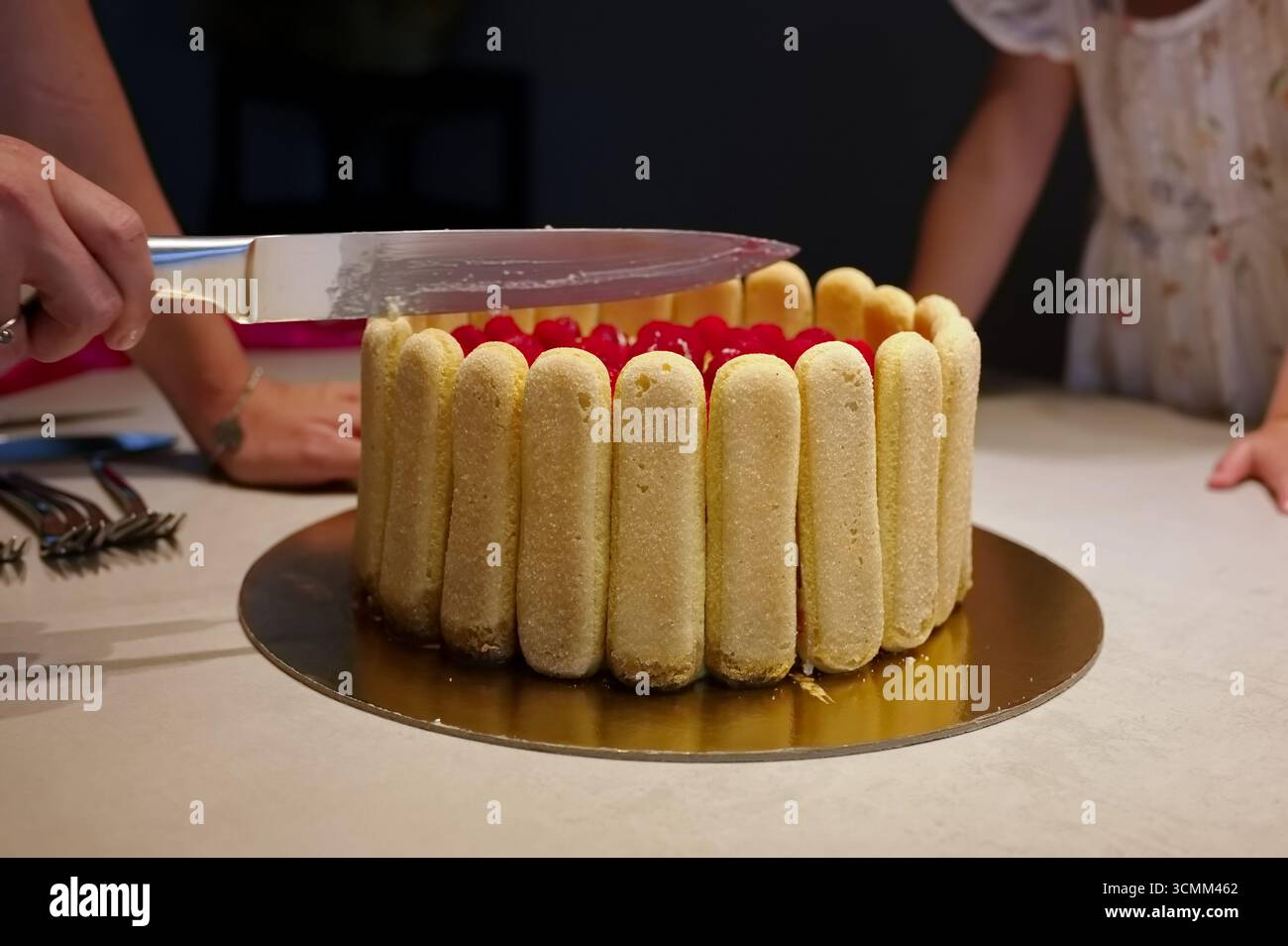 Großaufnahme von Frauenhänden, die Geburtstagskuchen schneiden Stockfoto