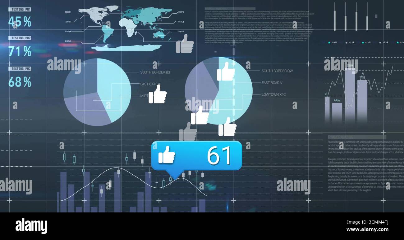 Anzeige eines blauen Badges mit einundsechzig Daumen nach oben auf der Rasteranzeige, mit Weltkarte und Tortendiagrammen Stockfoto