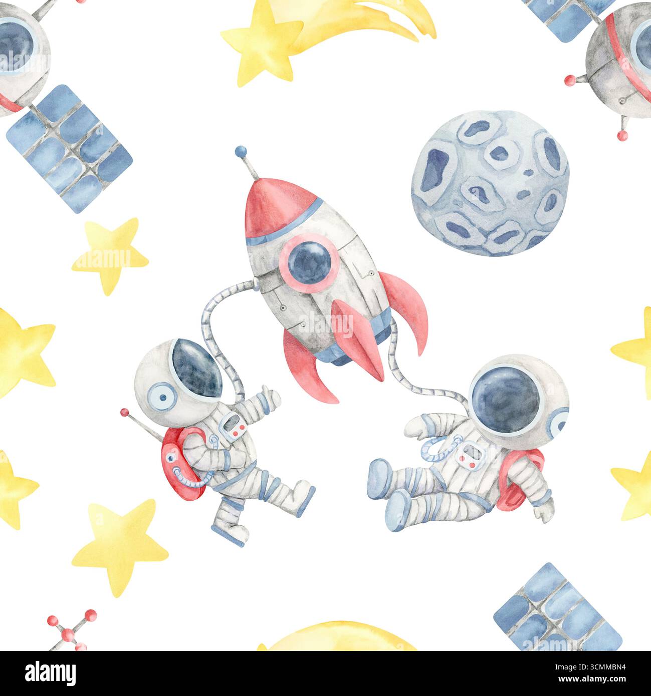 Astronauten, Raketen und Monde in einer Aquarellillustration nahtloses Muster auf Beige, ideal für Kinderbettwäsche, Partyeinladungen, kreative Wanddrucke und Oberflächendesign für Produkte. Stockfoto