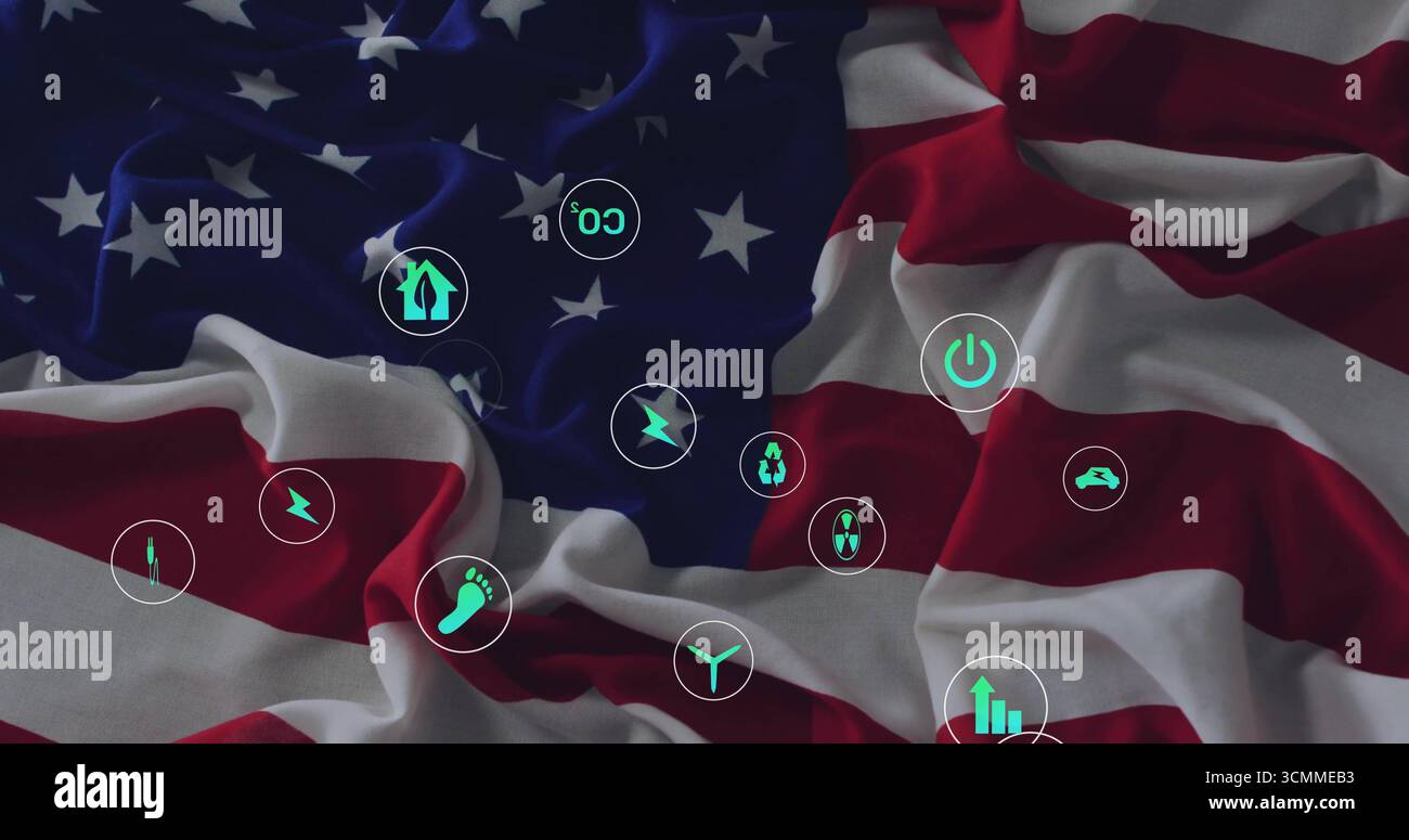 Mit drapierter amerikanischer Flagge in digitaler Kunst und Kreisen mit grünen Energienikonen Stockfoto