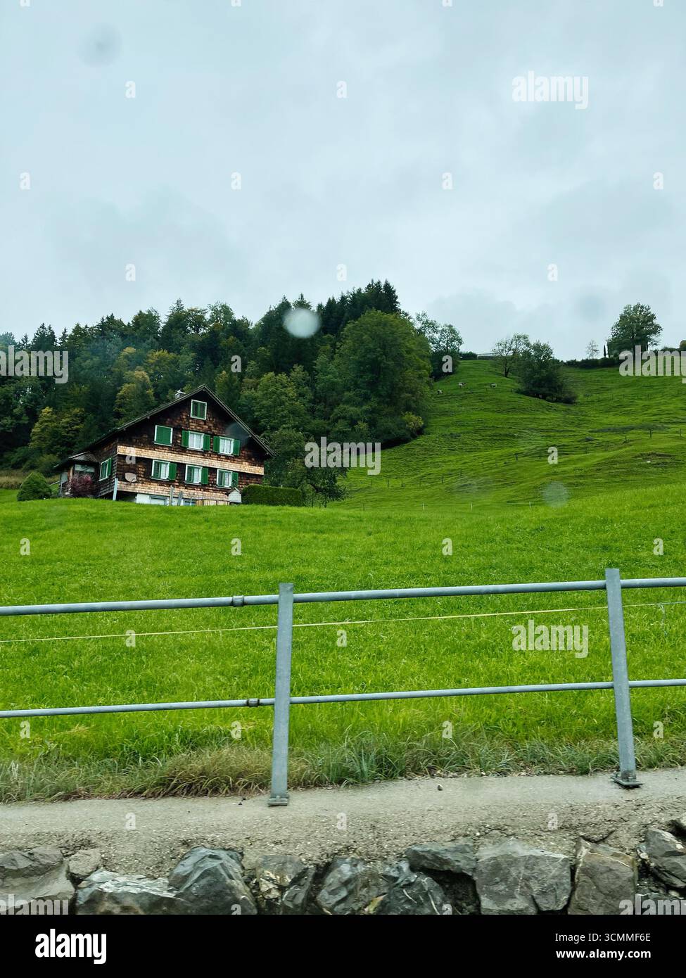 Bezaubernde Schweizer Landschaft mit einem Chalet zwischen grünen Hügeln unter bewölktem Himmel. Stockfoto