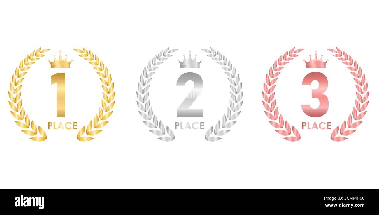 Set der Auszeichnungen erster, zweiter und dritter Platz. Lorbeerkranz aus Gold, Silber und Bronze für den Trophy Cup. Champion und Siegerkonzept. Vektorabbildung. Stock Vektor