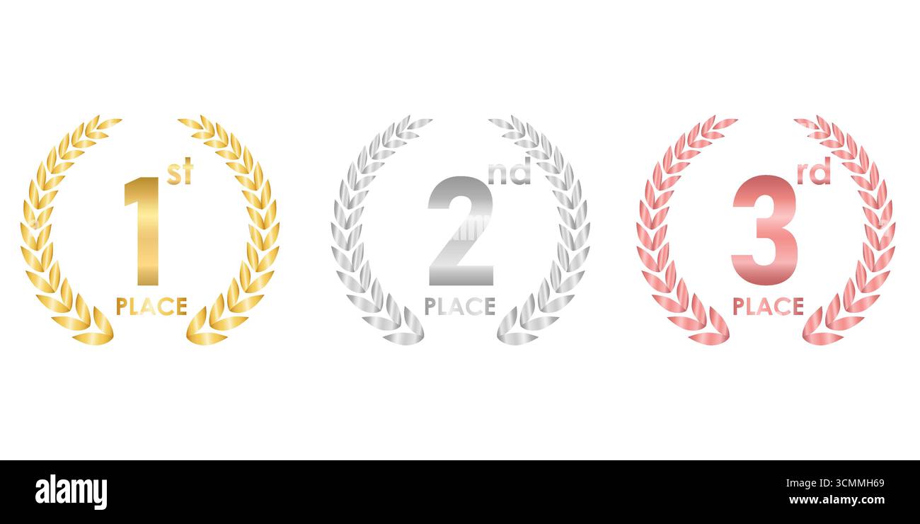 Set der Auszeichnungen erster, zweiter und dritter Platz. Lorbeerkranz aus Gold, Silber und Bronze für den Trophy Cup. Champion und Siegerkonzept. Vektorabbildung. Stock Vektor