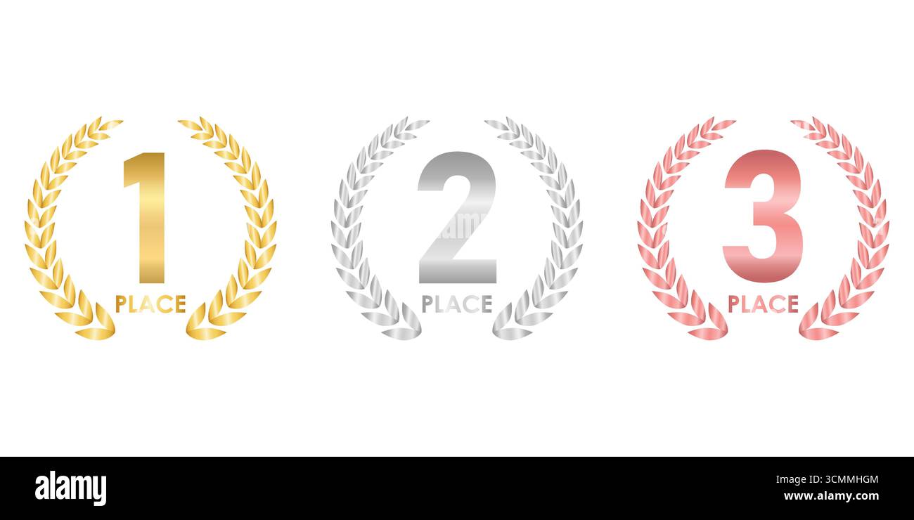 Set der Auszeichnungen erster, zweiter und dritter Platz. Lorbeerkranz aus Gold, Silber und Bronze für den Trophy Cup. Champion und Siegerkonzept. Vektorabbildung. Stock Vektor