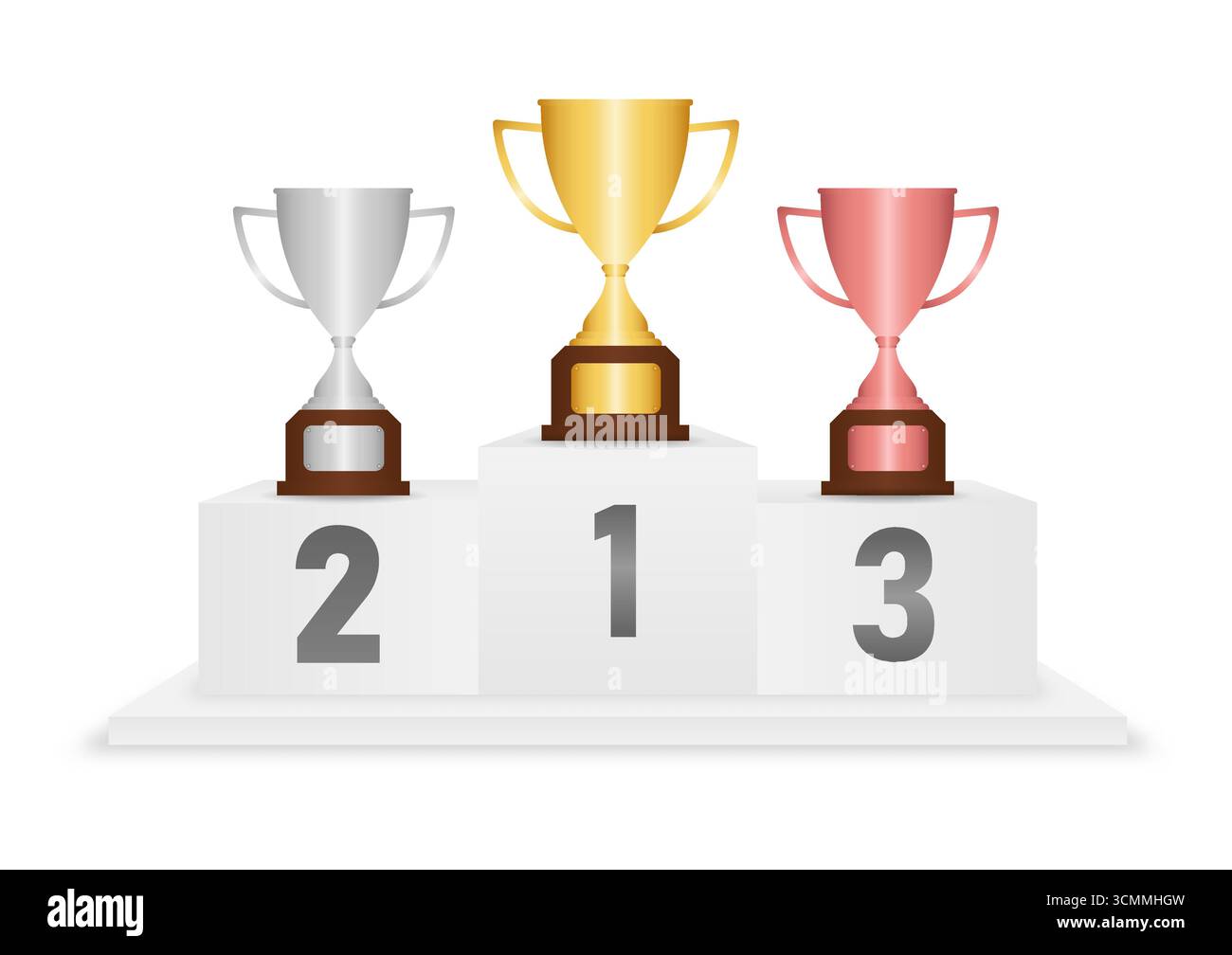 Trophäenbecher auf Podest-Sportpodesten oder Podium-Siegerstand. Vektorillustration isoliert auf weißem Hintergrund. Stock Vektor