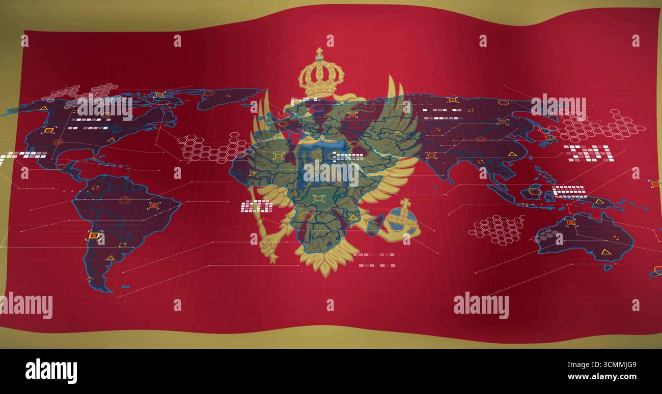 Zeigt goldenen Doppeladler mit Krone Zepter Kugel in digitaler Fahnengrafik mit Datenknoten Stockfoto