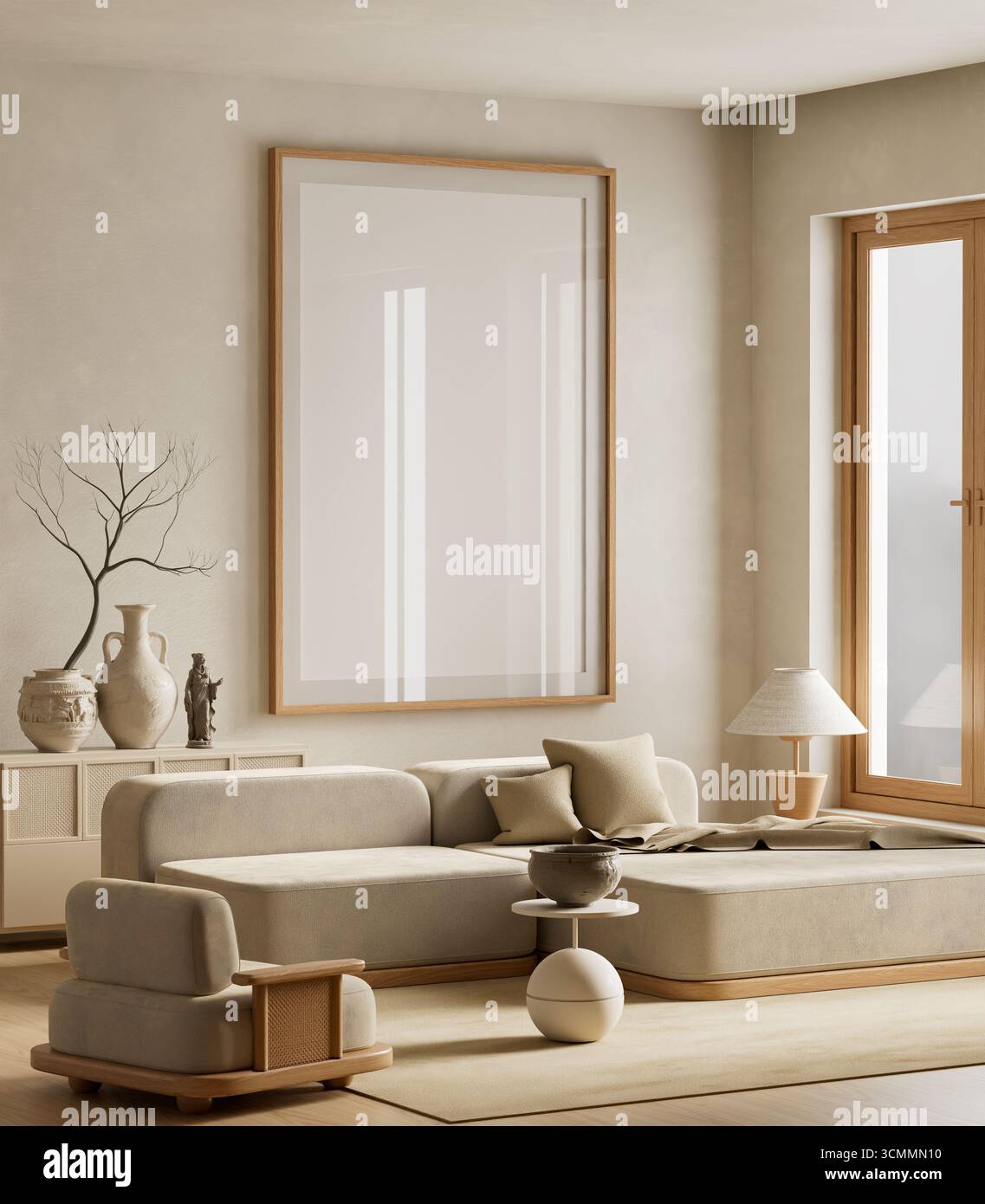 Stilvolles, japanisches Wohnzimmer mit Posterrahmen, neutralen Farben, klaren Linien und raffiniertem Innendesign. 3D-Abbildung Stockfoto