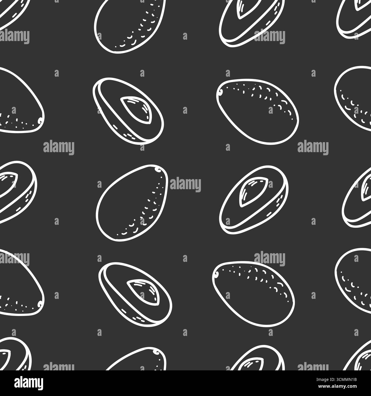 Nahtloses Avocado-Grafikmuster in minimalistischem Stil. Handgezeichnete weiße Linienzeichnung von ganzen Früchten und geschnittenen Scheiben auf schwarzem Hintergrund Stock Vektor
