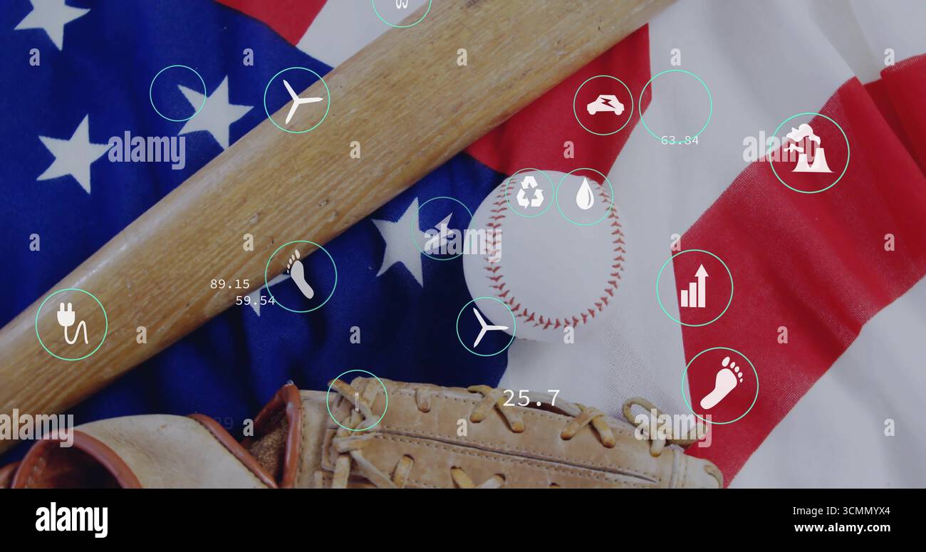 Der hölzerne Baseballschläger über dem Baseballhandschuh hält Baseball auf der US-Flagge und zeigt Öko-Ikonen Stockfoto