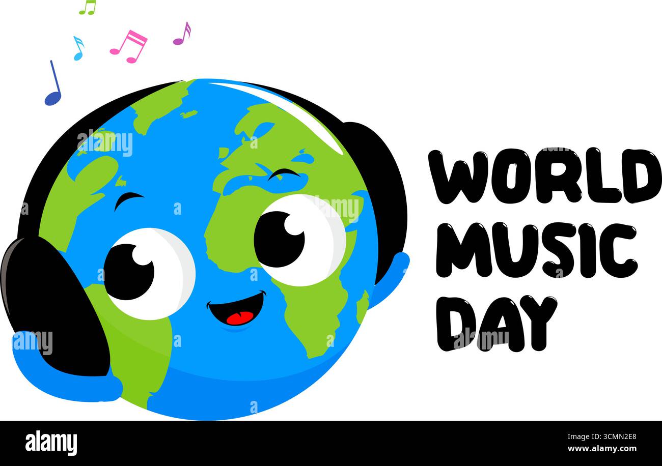 Fröhlicher, süßer Planet Earth-Cartoon mit Musik. Internationaler Musiktag. Weltkarte mit Kopfhörern und Musiknoten. Vektorabbildung Stock Vektor