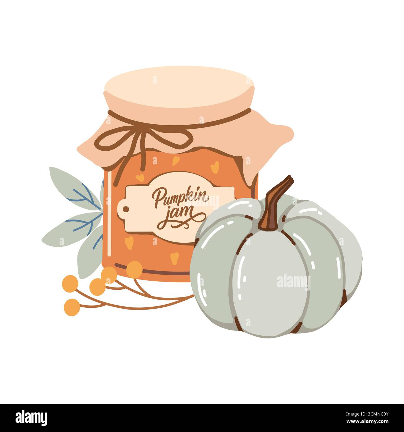Eine gemütliche Herbstkomposition mit Kürbis, Kürbismarmelade, Blättern und Beeren. Entzückende Kawaii-hausgemachte Illustration. Flache Vektorgrafik für saisonale Grußkarten, Drucke, Aufkleber und Verpackungen. Stock Vektor