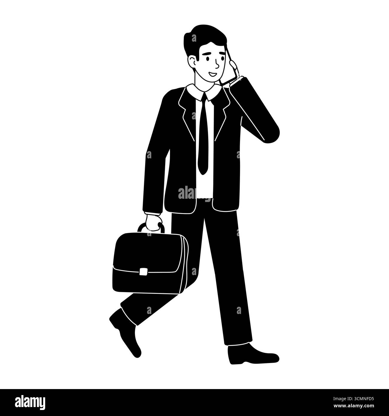 Ein professioneller Mann in einem Anzug läuft zügig, während er am Telefon spricht, und trägt eine Aktentasche in einer Hand. Er strahlt Selbstvertrauen aus, wenn er sich in A B bewegt Stock Vektor