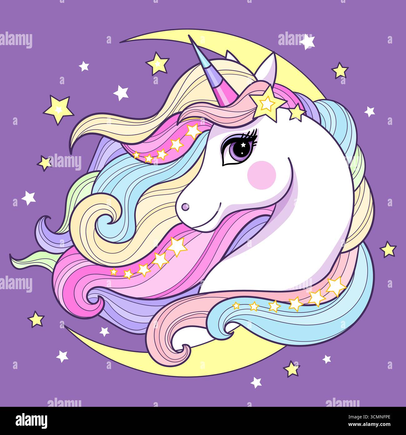 Ein wunderschöner Regenbogen-Einhornkopf und Mond. Flaches Design. Geeignet für Kinderdrucke, Poster, Karten, Aufkleber, Puzzles, usw. Vektorabbildung Stock Vektor