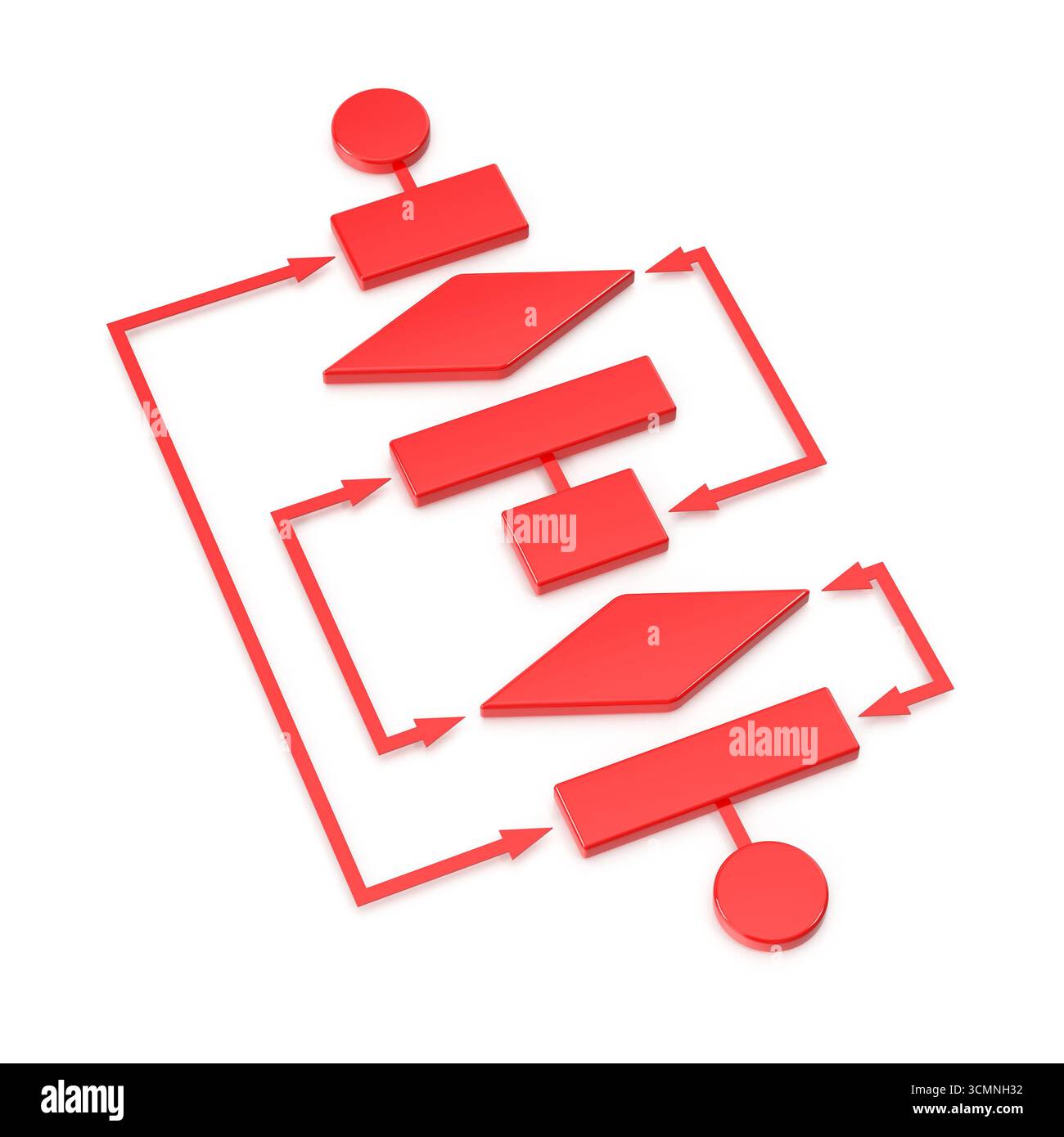 Rotes 3D-Flussdiagramm, das Prozess und Schritte veranschaulicht Stockfoto
