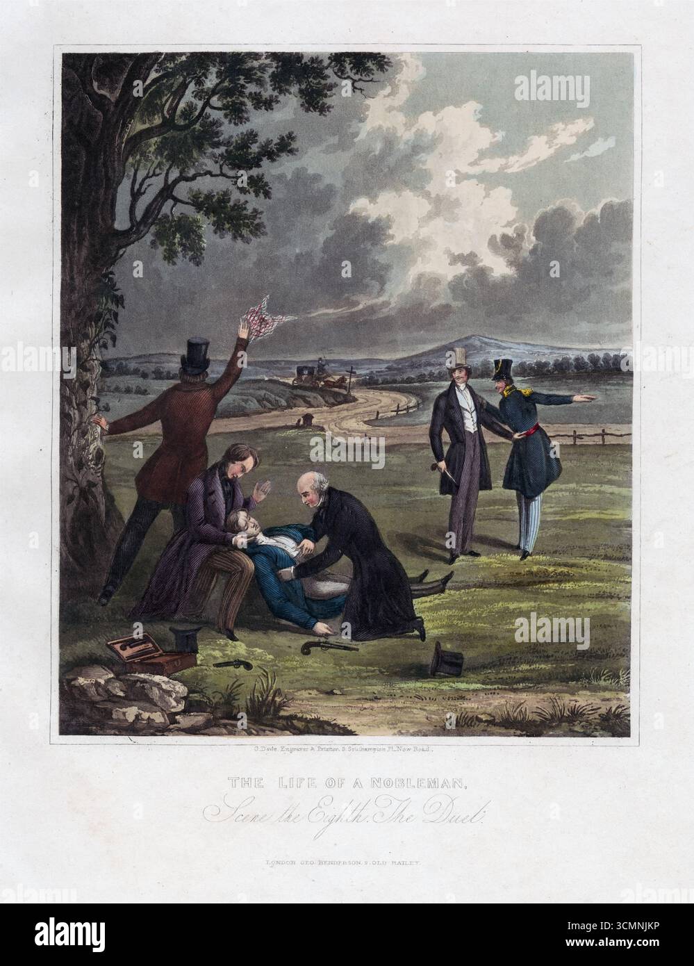 The Duel von George Dawe 1825, aus dem Leben eines Adligen ein farbiges Kunstwerk, antike Druckätzung aus dem 19. Jahrhundert Stockfoto