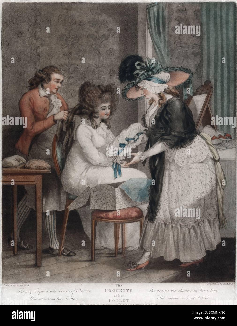 Die Coquette auf ihrer Toilette von George Morland 1787, ein farbiges Kunstwerk, antike Druckätzung aus der georgianischen Zeit des 18. Jahrhunderts Stockfoto