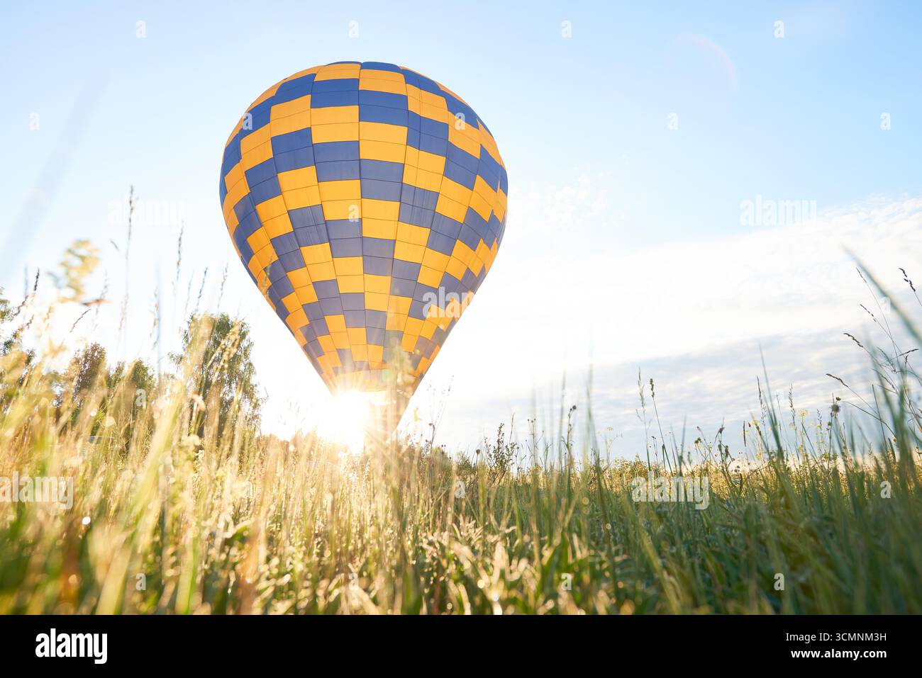 Heißluftballon, der über dem grasbewachsenen Feld mit Sonnenlicht aufsteigt, blau-gelb kariertes Muster sichtbar, Bäume und Himmel im Hintergrund, Outdoor-Abenteuerkonzept Stockfoto