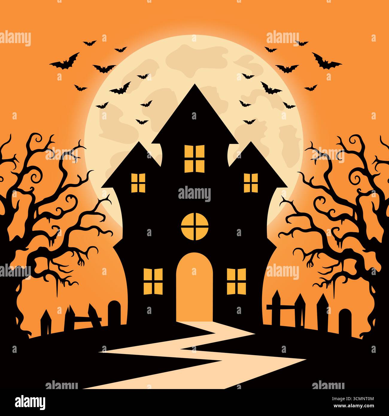Halloween Castle Kürbis Eulen, Round Moon, Sternenhimmel, Trunk Illustration Hintergrund Stock Vektor