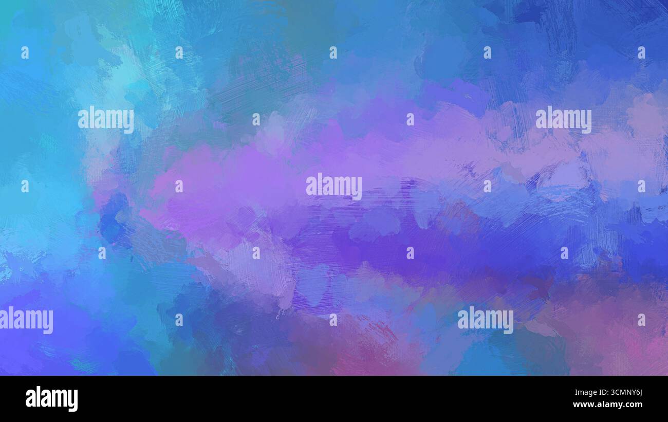 Abstrakter heller und lebendiger hellblauer, blauer, rosa und lila Ölmalhintergrund mit Pinselstrichen. Digitales Ölgemälde auf Leinwand. Kopierbereich. Stockfoto