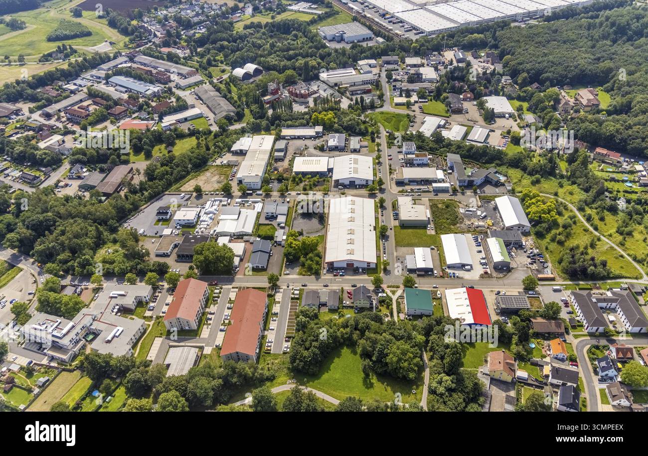 Luftaufnahme, Gewerbegebiet Felix-Wankel-Straße im Landkreis Heeren-Werve, Kamen, Ruhrgebiet, Nordrhein-Westfalen, Deutschland, DE, Europa, Kommerz Stockfoto