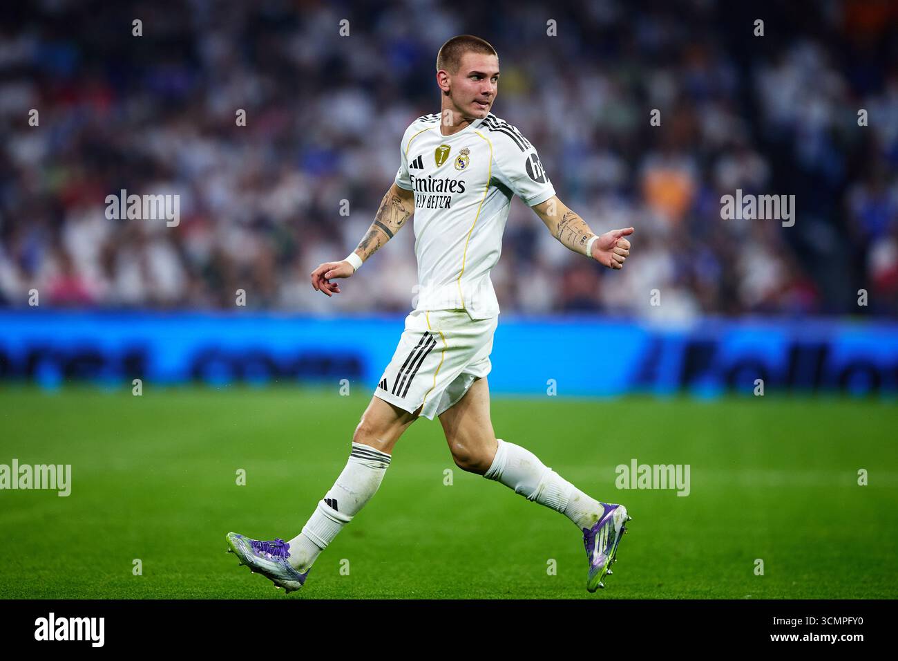 MADRID, SPANIEN - 16. SEPTEMBER: Franco Mastantuono von Real Madrid während des MD1-Spiels der UEFA Champions League 2025/26 zwischen Real Madrid C.F. und Olympique de Marseille im Estadio Santiago Bernabeu am 16. September 2025 in Madrid. (Foto von QSP) Stockfoto