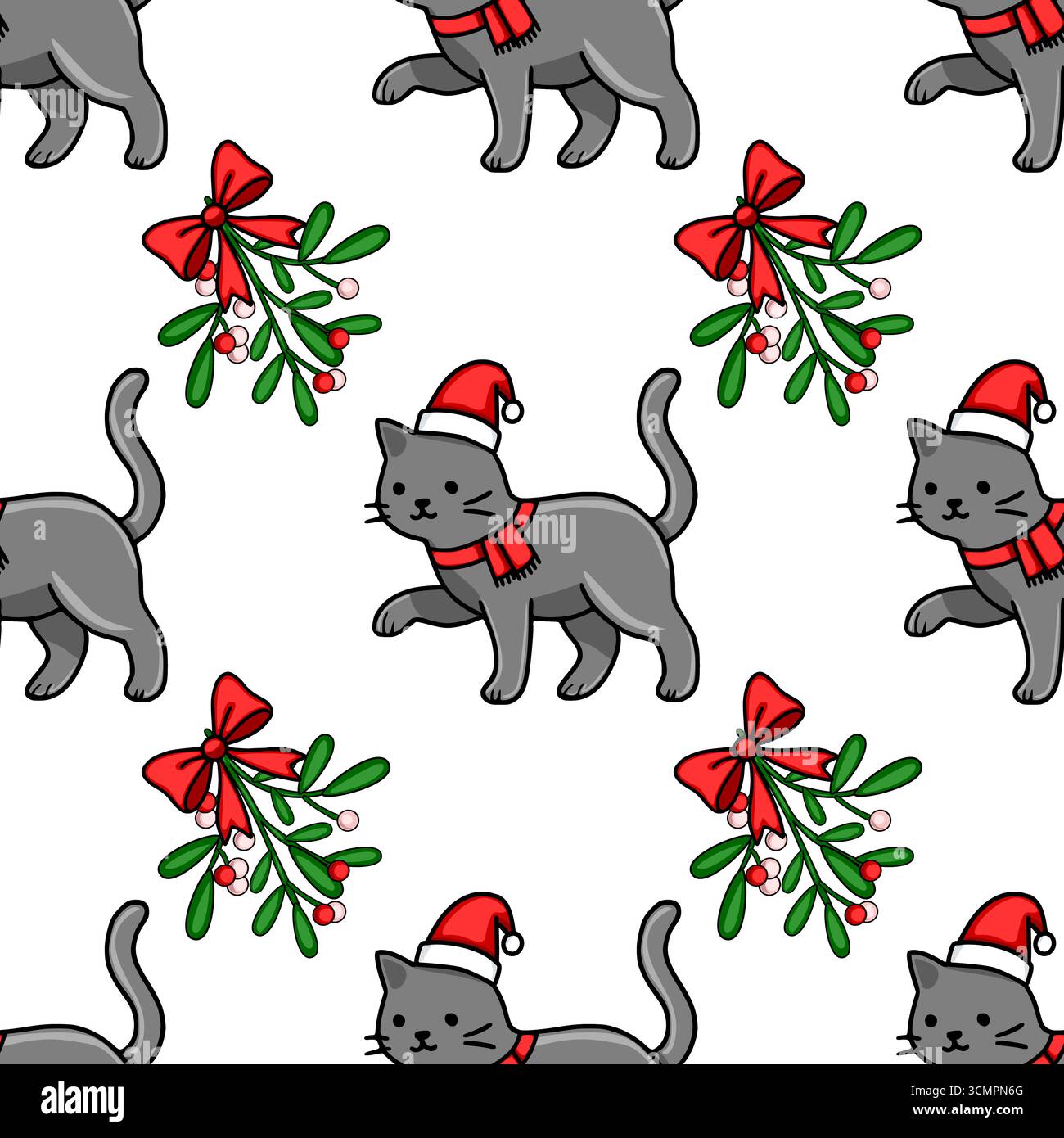 Nahtloses Vektor-Weihnachtsmuster mit entzückenden grauen Katzen, die Santa-Hüte und rote Tücher tragen, durchsetzt mit Mistelzweigen, die mit rotem bo gebunden sind Stock Vektor