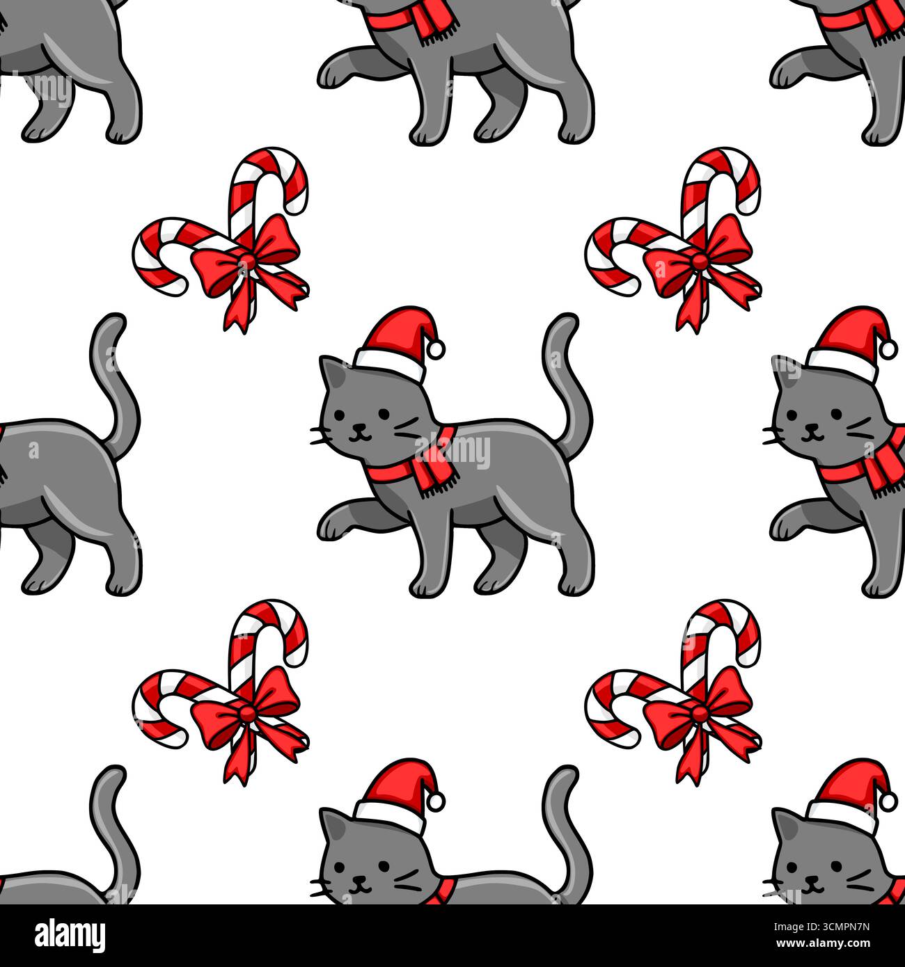 Nahtloses Vektor-Weihnachtsmuster mit entzückenden grauen Katzen, die Santa-Hüte und rote Tücher tragen, verspielt mit Bonbonstöcken durchsetzt, die mit r gebunden sind Stock Vektor