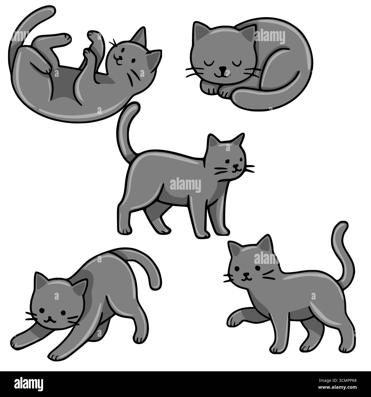 Entzückende Vektorillustration mit fünf verspielten grauen Kätzchen in verschiedenen Posen: Eine kopfüber, eine schlafend, eine stehende, eine dehnend und weiter Stock Vektor
