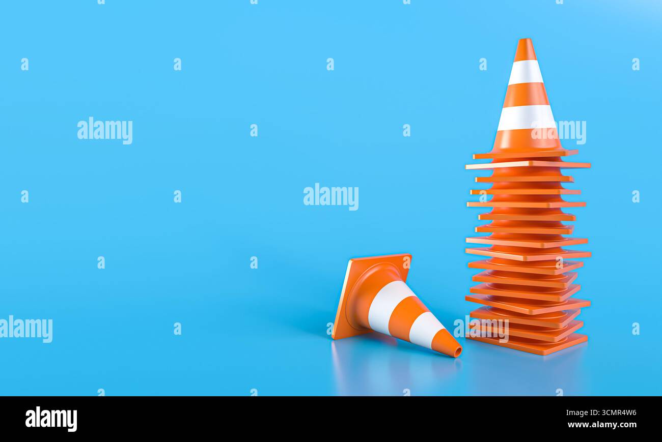 Verkehrskegel balancieren auf blauem Hintergrund 3D Stockfoto
