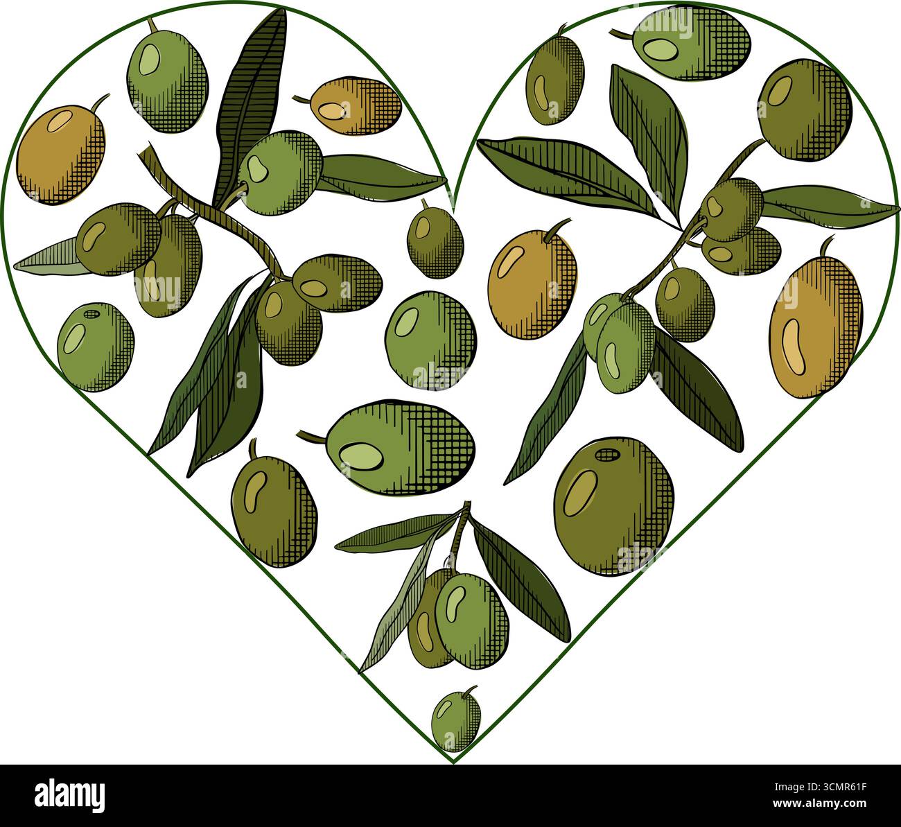 Olivenbeerenzweig mit grünen Blättern Herzkompositionslogo. Vektorgrafik Linie farbige Illustration. Für den Valentinstag mit dem Liebessymbol Stock Vektor