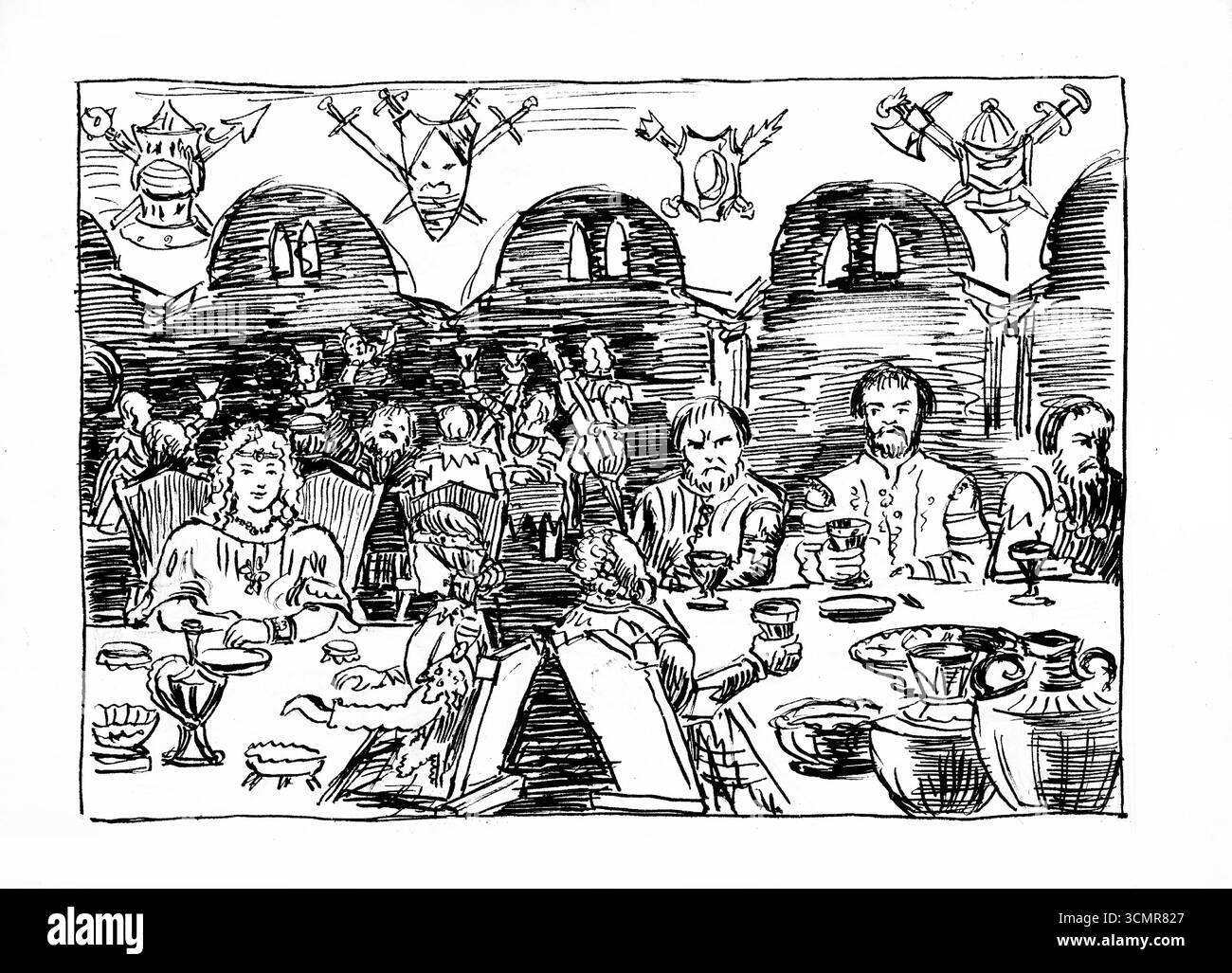 Märchenillustration von Arnold Peter Weisz Kubincan, slowakische modernistische Fantasy-Kunst des frühen 20. Jahrhunderts, expressionistische mythologische Szene Stockfoto