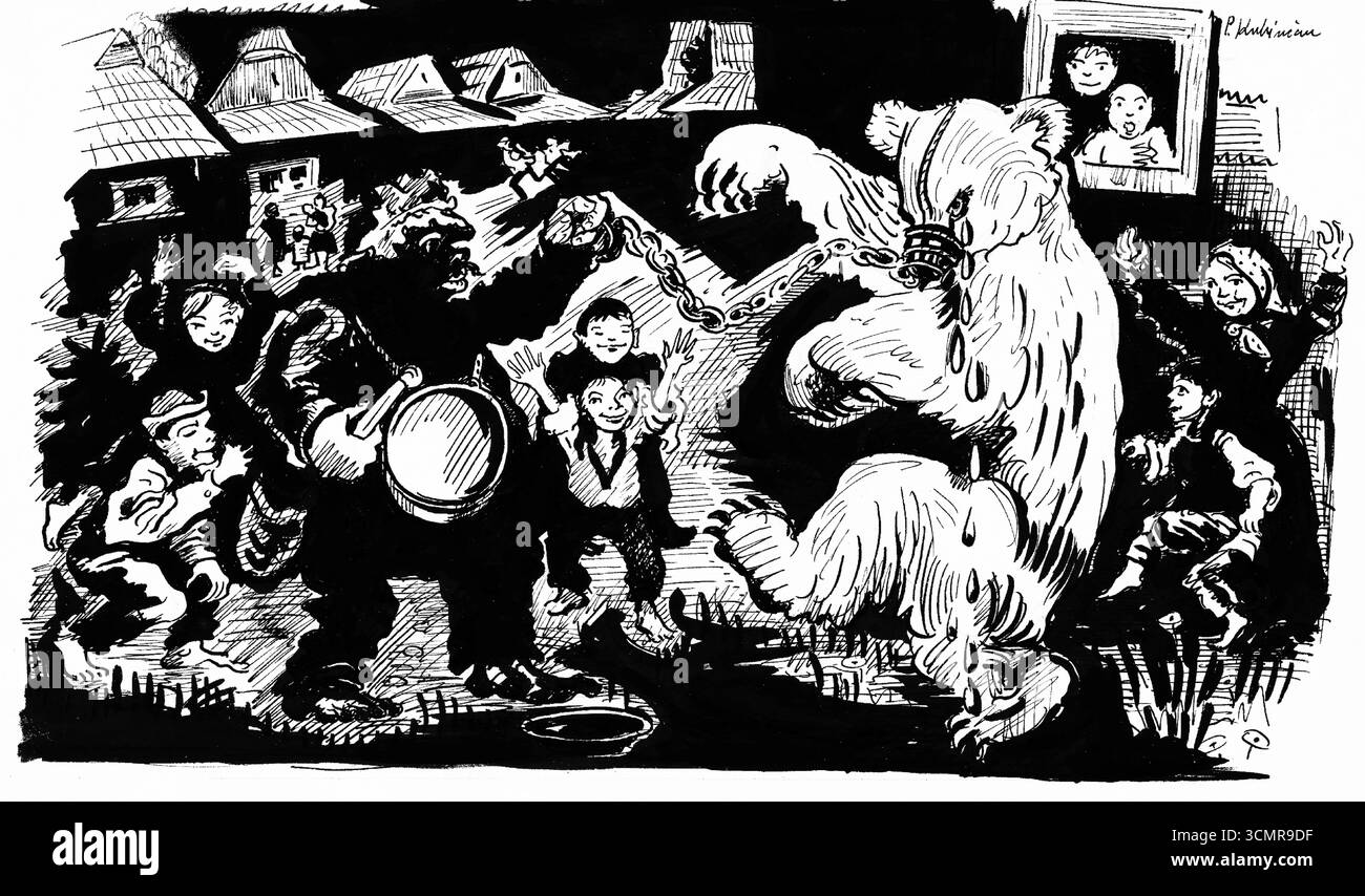 Comedian with a Bear von Arnold Peter Weisz Kubincan, Malerei des frühen 20. Jahrhunderts, humorvolle Performanceszene, öffentlich zugängliche Kunst der europäischen Moderne Stockfoto