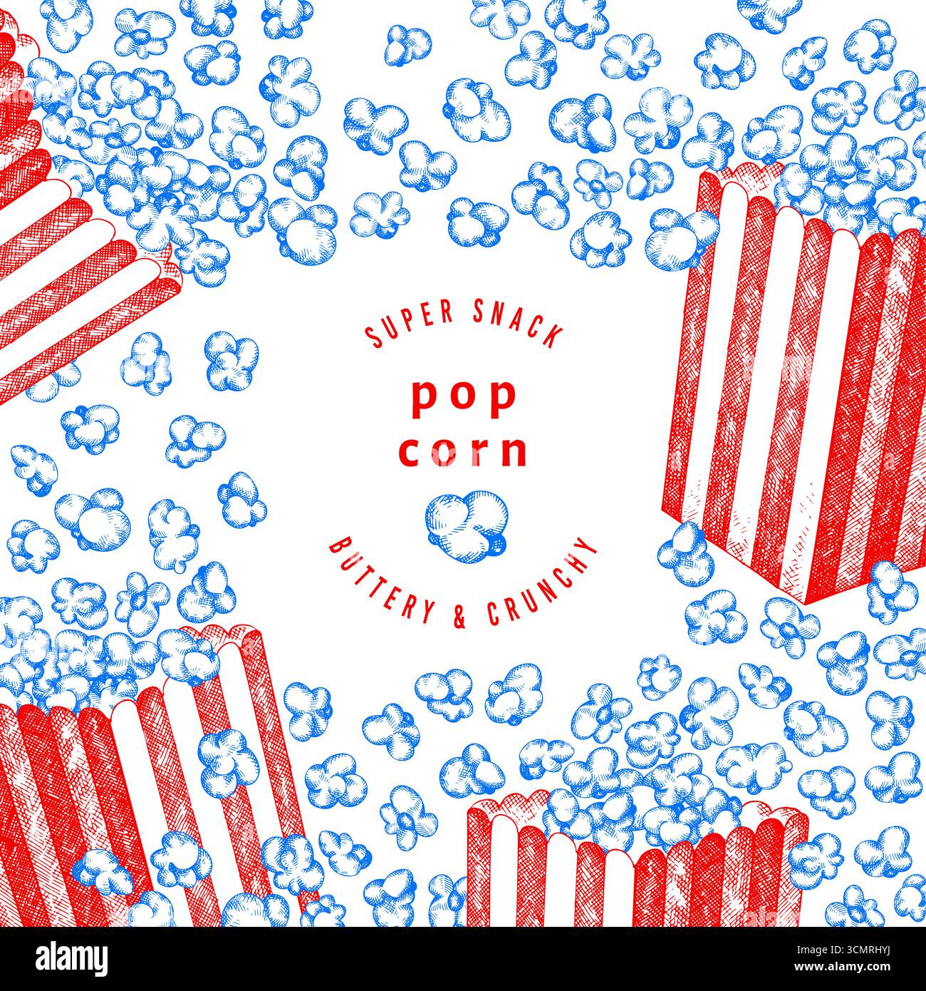 Hand Gezeichnete Vektor Pop Corn Illustration. Keine AI generiert. Hintergrund Der Filmnacht. Altmodisches Amerikanisches Kulturbanner. Vintage Popcorn Design Templ Stock Vektor
