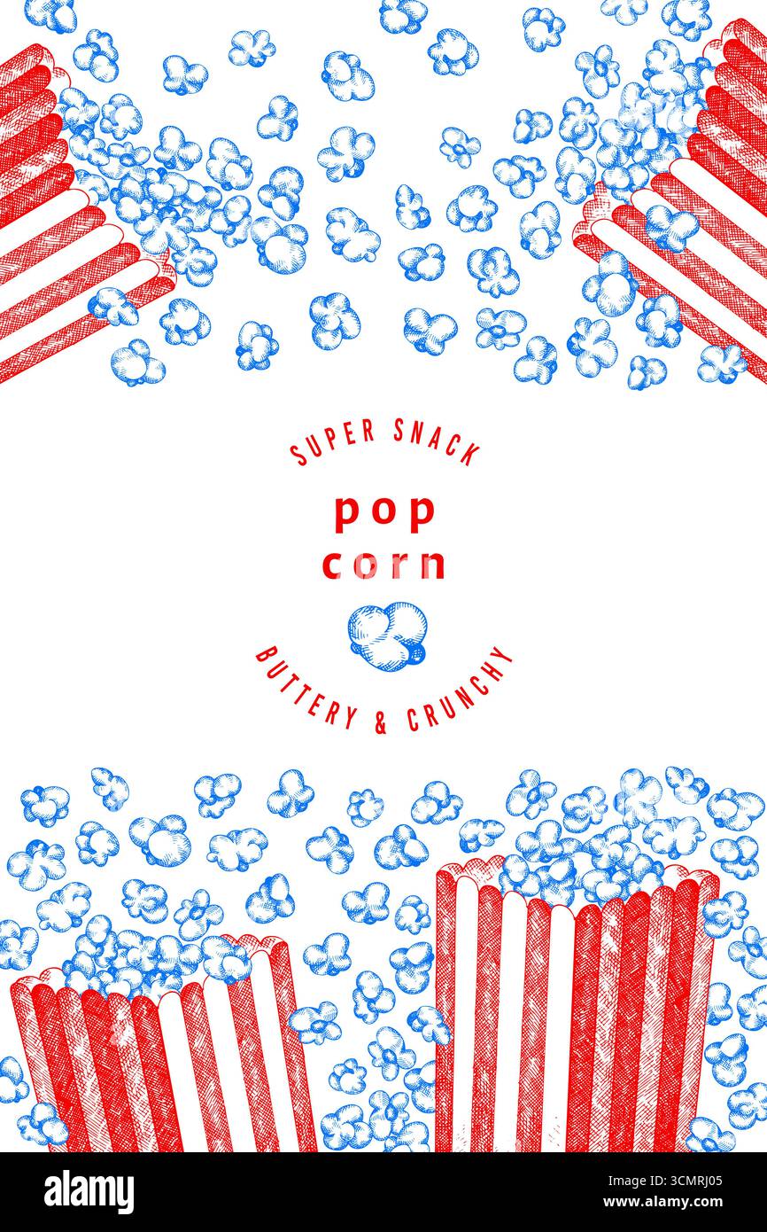 Hand Gezeichnete Vektor Pop Corn Illustration. Keine AI generiert. Hintergrund Der Filmnacht. Altmodisches Amerikanisches Kulturbanner. Vintage Popcorn Design Templ Stock Vektor