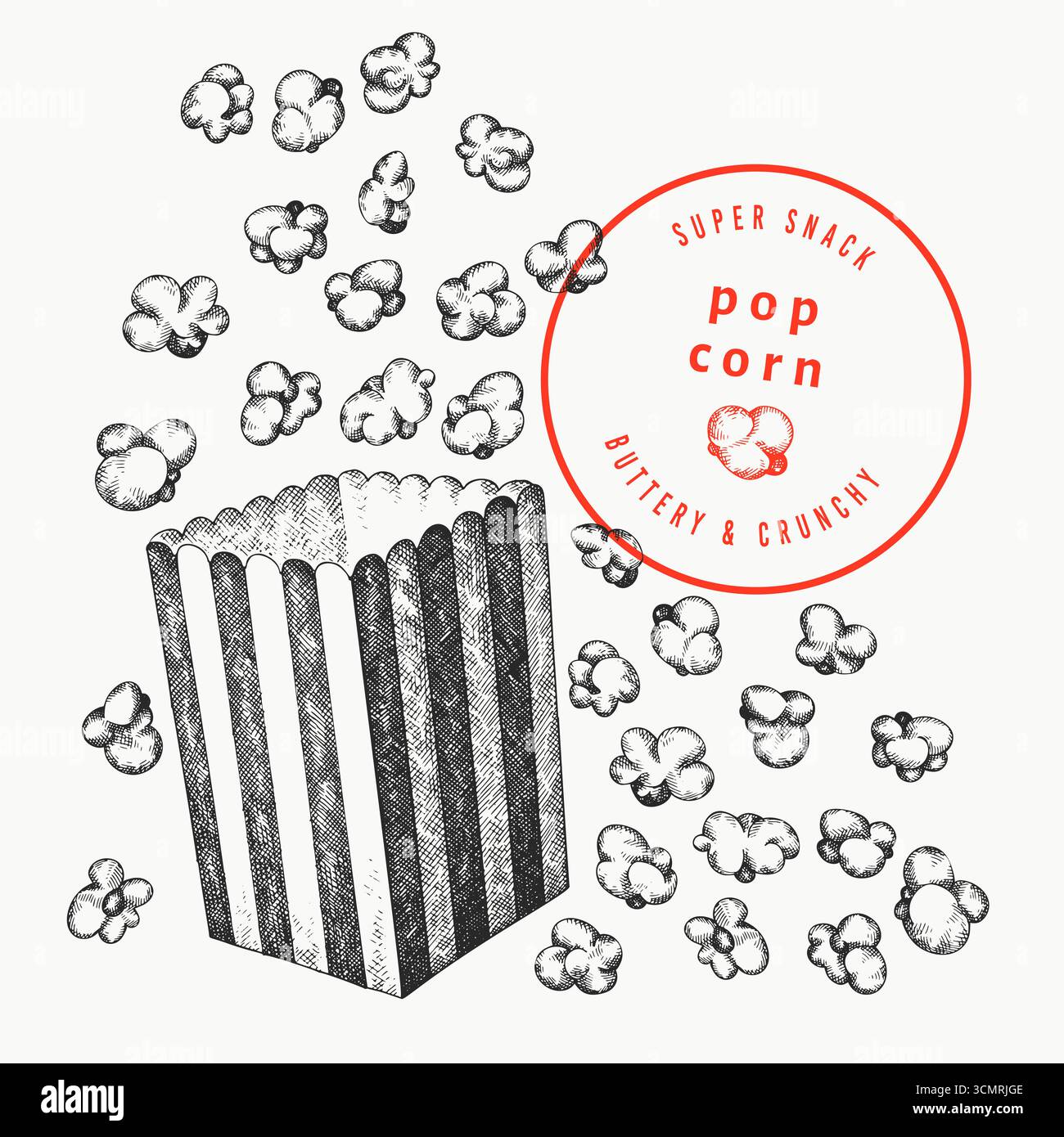 Hand Gezeichnete Vektor Pop Corn Illustration. Keine AI generiert. Hintergrund Der Filmnacht. Altmodisches Bild Der Amerikanischen Kultur. Vintage-Popcorn-Design. Stock Vektor