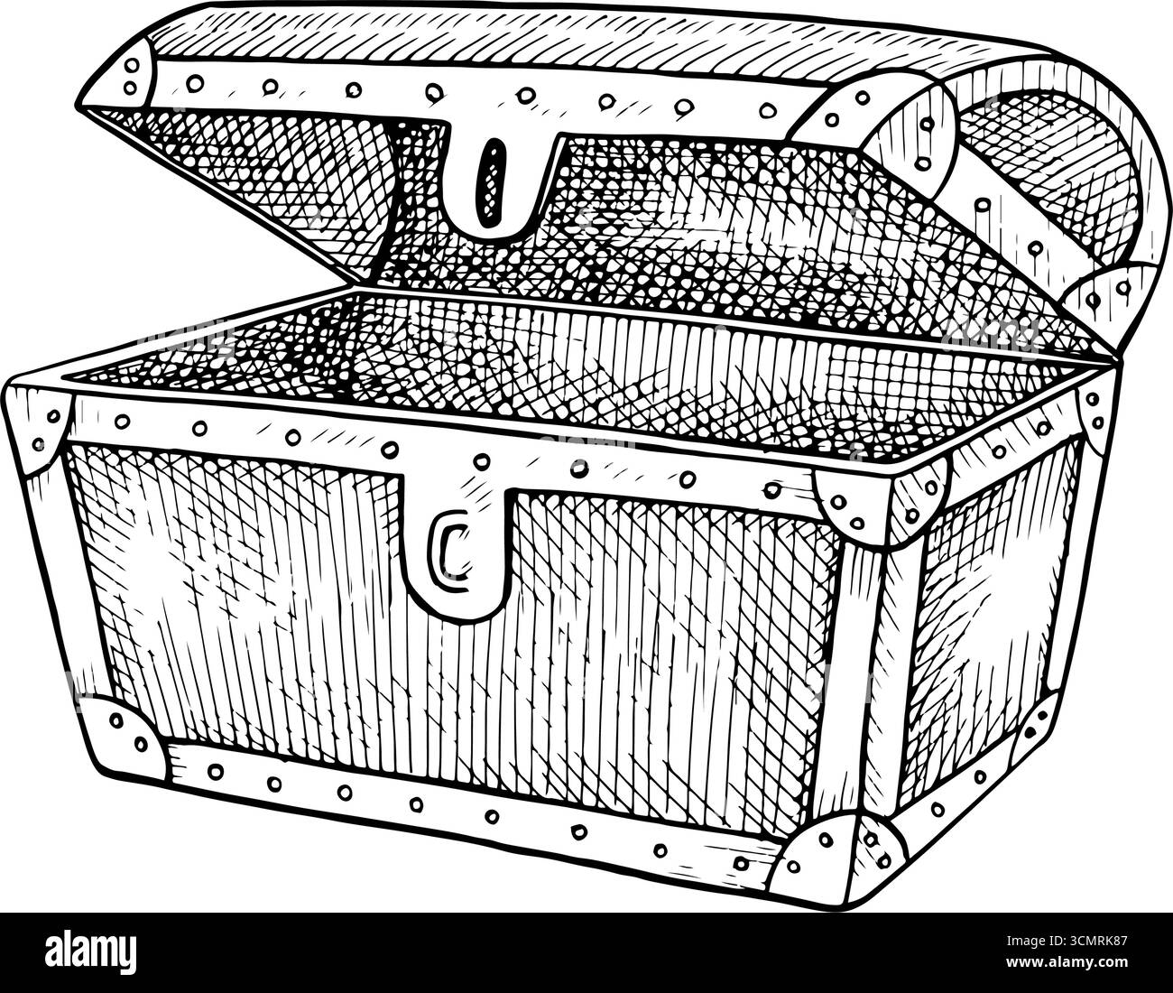 Eine leere offene Brust. Schwarzweiß-Grafik, Vektorillustration. Handgezeichnet. Zur Dekoration von Kinderspielen und Feiertagen. Für Aufkleber, Einladung Stock Vektor