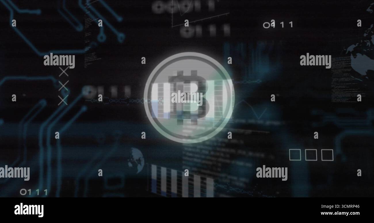 Anzeige des zentralen Bitcoin-Symbols auf der Netzwerkschnittstelle, mit leuchtenden Leiterbahnen, Kugelumriss Stockfoto