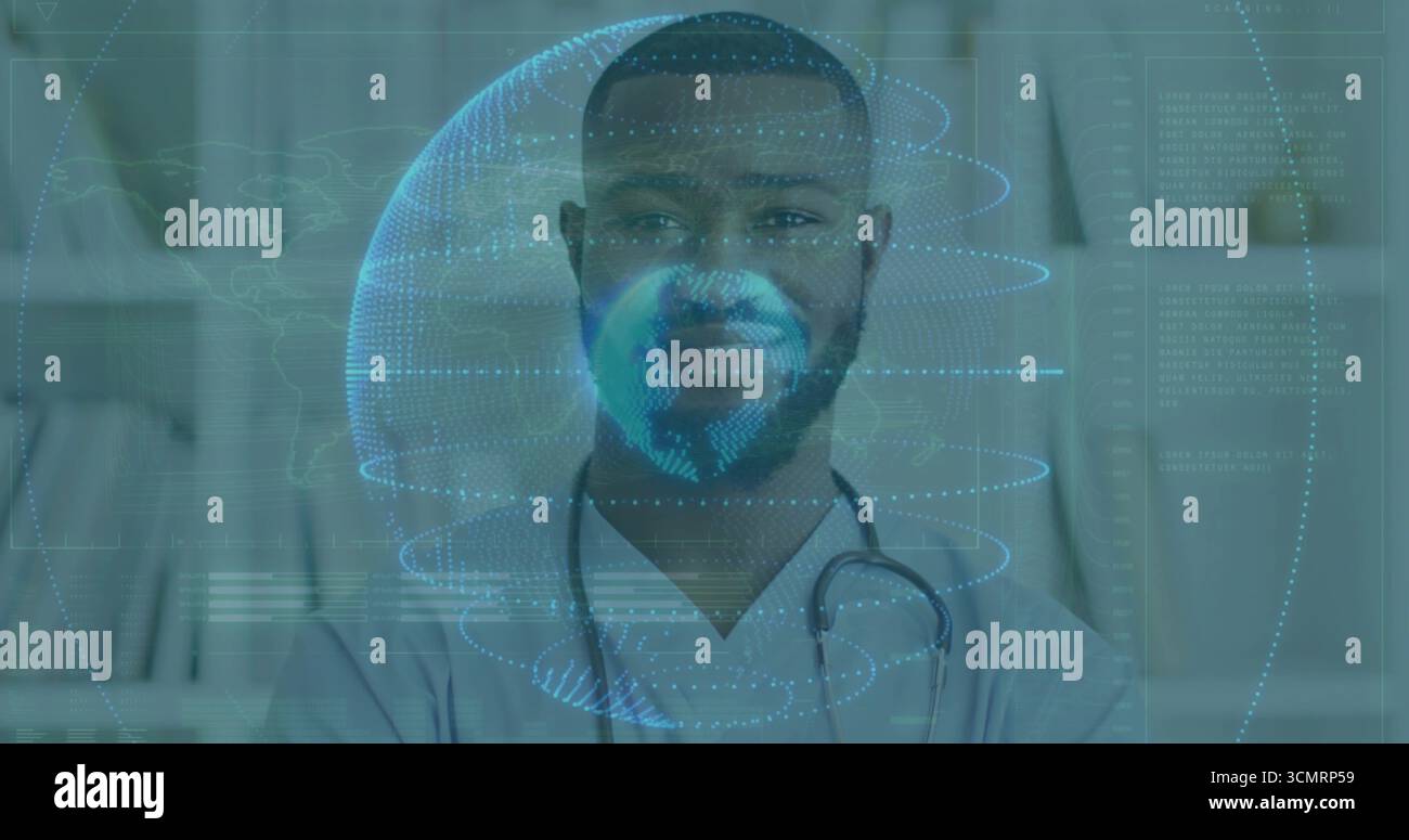 Stehender männlicher Arzt, der Peelings trägt, die digitale Globus-Daten in die Klinik projizieren, mit Stethoskop Stockfoto Stehender männlicher Arzt, der Peelings trägt, die digitale Globus-Daten in die Klinik projizieren, mit Stethoskop Stockfoto